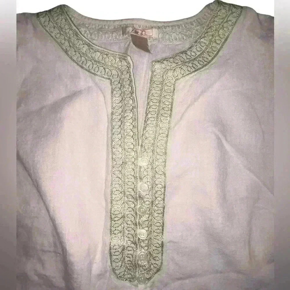 Zoe D Linen Blend Top Women XL Cream Green Embroidered Boho Peasant - Picture 3 of 5